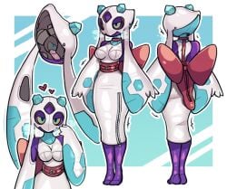 bondage_outfit boots border breasts breath commentary cosplay dildo dress english_commentary female froslass froslass_(cosplay) hand_up heart kurt_robinson multiple_views outside_border pokemon pokemon_(creature) purple_boots sex_toy standing trembling white_border white_dress zipper zipper_pull_tab