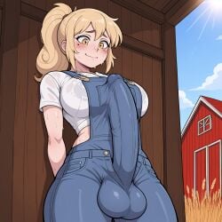 2025 ai_assisted ai_generated aroused aroused_face aroused_smile big_breasts big_penis blonde_hair erection_under_clothes farmer freckles_on_face futanari highres horny horny_female huge_breasts huge_cock light-skinned_female light_skin looking_at_penis looking_down merythefairy overalls patreon sweaty sweaty_body tagme wavy_mouth wet