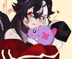 animal_ears bandaid bandaid_on_face bandaid_on_nose bangs bare_shoulders black_hair black_headwear blush closed_mouth female hair_between_eyes hair_ornament hairclip hat heart jacket long_hair looking_at_viewer momotexx_(vtuber) multicolored_hair off_shoulder red_eyes red_hair simple_background sleeves_past_fingers sleeves_past_wrists solo star_(symbol) streaked_hair striped stuffed_toy sweater upper_body vyugen yellow_background