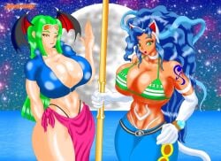 2girls animal_ears big_breasts blue_hair breasts breasts_bigger_than_head cat_ears clothing cosplay darkstalkers felicia_(darkstalkers) female female_only green_hair halloween head_wings huge_breasts large_breasts long_hair morrigan_aensland multiple_girls nami_(one_piece)_(cosplay) nekohybrid nico_robin_(cosplay) one_piece