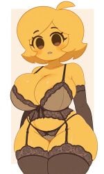 ai ai_generated arm_sleeves arm_socks big_breasts big_butt breasts cute ema_(emoji) emoji emoji_(race) emoji_girl female lacy_bra lacy_panties lacy_thighhighs lingerie pixai tagme thick_ass thick_thighs thigh_highs thighhighs yellow_body