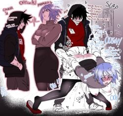 aqua_(kingdom_hearts) ass_up black_hair black_jacket blue_hair kingdom_hearts nekokat42 red_shirt short_hair skirt spiky_hair teacher_and_student turtleneck vanitas