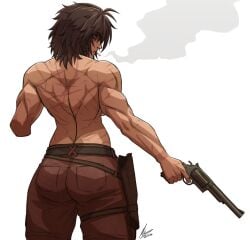 1girls amputee athletic athletic_female back_view female gun muscular_back nr4ces original scars scars_all_over waste_(nr4ces)