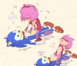 accessory amy_rose anthro blush bodily_fluids breasts breath closed_eyes clothed clothing dialogue doll eulipotyphlan female genital_fluids genitals gloves hair_accessory hairband handwear hedgehog hi_res jeslyn0217 kneeling legwear looking_pleasured mammal masturbation panties panting partially_clothed pink_body plushie pussy scarf sega shirt solo sonic_(series) sonic_boom sonic_the_hedgehog_(series) sweat tail tail_motion tailwag tan_body tan_skin thigh_highs topwear unbuttoned_shirt underwear
