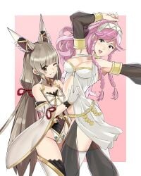 2girls alluring animal_ears bare_shoulders blunt_bangs blush braid cat_ears core_crystal crossover female fire_emblem fire_emblem_awakening fire_emblem_heroes gloves hairband high_res intelligent_systems j@ck jewelry leotard long_hair looking_at_viewer midriff monolith_soft multiple_girls navel nia nia_(blade) nintendo olivia_(fire_emblem) open_mouth pink_hair ponytail silver_hair simple_background smile spoilers twin_braids xenoblade_(series) xenoblade_chronicles_2 yellow_eyes