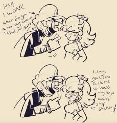 1boy 1boy1girl before_sex dialogue english_text female ilikeluigibooty luigi mario_(series) mario_strikers monochrome nintendo princess_daisy simple_background smirk smirking_at_partner soccer_uniform text