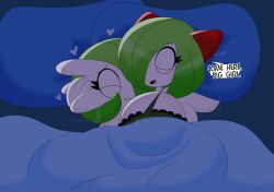 2girls 3barts bed female gardevoir huge_breasts kirlia large_breasts pokemon pokemon_(species) tagme text wholesome