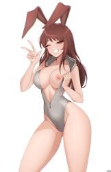 1girls _wepilly breasts breasts_out brown_eyes brown_hair bunny_ears bunny_girl emily(blarghonator) female happy large_breasts leotard long_hair oc original original_character peace_sign pinup pinup_pose smiling_at_viewer the_city_of_reygarth thighs winking_at_viewer zipper zipper_down
