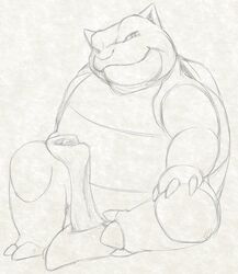 1boy 2015 animal_genitalia blastoise cum erection feral huge_cock looking_at_viewer male male_only monochrome nintendo open_mouth pencil_(artwork) penis pokemon reptile scalie shell simple_background sketch smile solo traditional_media_(artwork) turtle video_games white_background yaroul