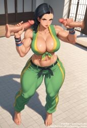 2boys abs ai_generated balls bangs bare_shoulders barefoot belt black_belt black_hair blush bracelet breasts brown_eyes capcom cleavage clothing collarbone crop_top dark-skinned_female dark-skinned_male dark_penis dark_skin disembodied_penis double_handjob dougi erection feet female front-tie_top green_pants group_sex handjob huge_breasts human_female indoors jewelry jousneystudio large_breasts large_penis laura_matsuda lips long_hair looking_at_viewer male male/female martial_arts_belt midriff mmf_threesome multiple_boys multiple_penises muscles muscular muscular_female navel pants penis red_lips sleeveless smile solo_focus sports_bra standing straight street_fighter street_fighter_v tekoki testicles thighs threesome toned veins veiny_penis