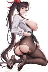 ai_generated black_hair black_tights cum_on_feet cum_on_floor curvy_figure feet ha_yuri_jahad large_breasts nfkk_(artist) ponytail red_eyes sole_female tearing_up torn_pantyhose tower_of_god