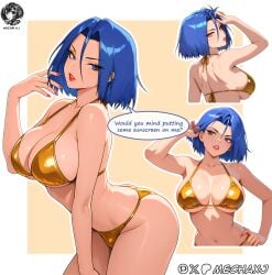 1futa ai_generated ass big_breasts bikini bikini_bottom bikini_top blue_eyes blue_hair breasts busty_boy butt dialogue english_text futanari gold_bikini gold_bikini_bottom gold_bikini_top hand_in_hair hand_on_hip human human_futa intersex james_(pokemon) large_ass light-skinned_futa light-skinned_futanari light_skin looking_at_viewer pink_nails pokemon rule_63 solo solo_futa team_rocket test text_bubble thick_thighs thighs