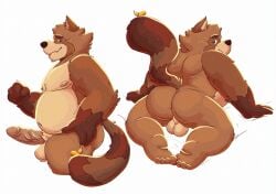 06betos11 2025 anthro ass backsack balls big_penis brown_body canid canine erection genitals hi_res male mammal moobs nipples overweight penis raccoon_dog simple_background slightly_chubby smile solo tanuki white_background