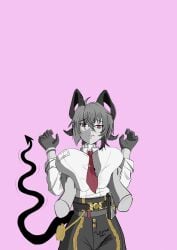 big_breasts groping groping_breasts horn horns manga_style red_eyes short_hair shy solo_female tail tie white_hair wuthering_waves zani_(wuthering_waves)