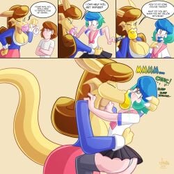 1femboy 1girls arms_around_partner asscheeks big_breasts black_skirt blue_lipstick breasts brown_hair changing_clothes closed_eyes comic comic_panel crossdressing dialogue dragon dragon_girl female forced_crossdressing forced_kiss forced_kissing grade hips human human_male interspecies jamearts jimmy’s_sloppy_life kissing large_breasts legwear lipstick male mixing_colors pink_lips pink_skirt pointy_ears rebecca_(jamearts) saliva saliva_drip schoolgirl_uniform shocked shocked_expression shocked_eyes short_hair simple_background skirt student student_and_teacher teacher teacher_and_student two_tone_hair wide_hips yellow_lipstick