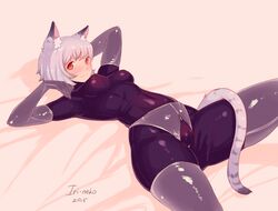 anthro blush bodysuit cameltoe cat_ears cat_girl female gloves grey_hair iri-neko latex lying orange_hair png short_hair signature smile solo tail thighhighs zipper