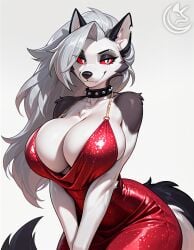 1girls ai_generated anthro big_breasts breasts cleavage clothing dress female female_only furry grey_fur grey_hair hellhound helluva_boss hi_res huge_breasts kemonogirls long_hair looking_at_viewer loona_(helluva_boss) multicolored_body multicolored_fur red_dress smile smiling_at_viewer spiked_collar tagme two_tone_body two_tone_fur white_body white_fur wolf wolf_ears wolf_girl wolf_tail