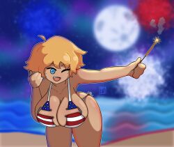 american_flag american_flag_bikini beach bending_forward blonde_female blonde_hair blue_eyes breasts cleavage cute female female_focus female_only florida_bikini freckles fun giggling huge_breasts large_breasts owlyn smiling sparkler