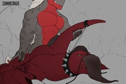 2020 abs anthro ass biceps black_body black_scales black_sclera brown_hair claws collar dragon duo erection from_behind_position genitals green_eyes grin hair hot_dogging leg_grab lying male male/male muscular muscular_male nude on_front open_mouth pecs penis red_body red_scales scales scalie sex smile soren_ashe spiked_collar spikes tail_grab teeth triceps white_hair zoma zomacaius