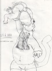 2011 anthro anthrocon bear belly big_bad_bear bigbadbear bottomwear character_name claws clothed_prey clothing duo graphite_(artwork) head_first internal long_tail male male/male mammal navel open_mouth oral_vore pants partially_inside polar_bear shirt shorts simple_background standing tail teeth text topwear traditional_media_(artwork) ursine vore white_background