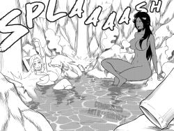 2girls bath bathing big_breasts black_and_white bleach breasts busty casual casual_nudity completely_nude convenient_censoring convenient_censorship curvy dark-skinned_female dark_skin fat_breasts female female_only flat_belly hot_spring huge_breasts large_breasts long_hair looking_at_each_other matsumoto_rangiku nude onsen ririvart shihouin_yoruichi sitting stretching talking water waterfall