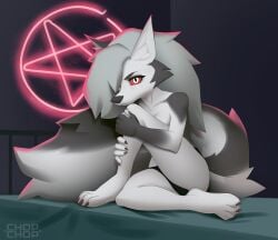 2025 anthro ass bed bedroom canid canid_demon canine canis clothed clothing demon female furniture glowing hellhound helluva_boss holding_leg inside looking_at_viewer loona_(helluva_boss) mammal mythological_canine mythological_creature mythology neon_lights occult_symbol panties pentagram sitting symbol tail topless underwear wolf x-chop-chop-x