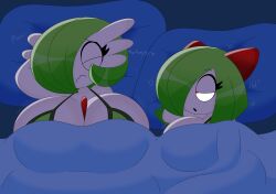 2girls 3barts bed female gardevoir huge_breasts kirlia large_breasts pokemon pokemon_(species) tagme text wholesome
