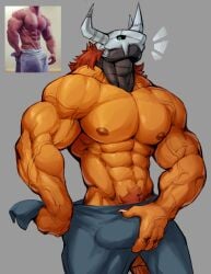 2025 abs anthro armor bandai_namco big_muscles bulge clothed clothing colored digimon digimon_(species) digital_drawing_(artwork) digital_media_(artwork) genitals hair headgear helmet hi_res holding_penis horn horned_helmet huge_muscles male male_only manly mask mixterart muscular muscular_anthro muscular_arms muscular_male nipples orange_body pecs penis photo_reference pubes reference_image reptile scalie solo thick_arms thick_penis thick_thighs towel towel_only vein veiny_arms veiny_muscles wargreymon