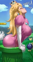 1boy 1boy1girl ass_focus ass_slap big_ass big_breasts blonde_hair bob-omb bomb clothed_female crown dress earrings echosaber female gloves grass male mario mario_(series) motion_lines mushroom_kingdom nintendo pipe princess princess_peach question_block royalty struggling_to_get_out super_mario_bros. sweat text tree unseen_character