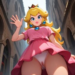 1girls ai_generated blonde_female crown earrings female female_focus female_only human low-angle_view mario_(series) nintendo panties princess princess_peach pussy_juice_drip royalty skirt smiling_at_viewer solo solo_focus upskirt waving_at_viewer wet_panties