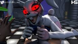 1boy 1girls 3d bunny bunny_costume bunny_ears dubious_consent exposed_mouth female femdom five_nights_at_freddy's five_nights_at_freddy's:_security_breach handjob hotstuff male mascot_costume mascot_head mouth rabbit rabbit_costume rabbit_ears shush shushing stitch_(sewing) stitches straight vanny_(fnaf)