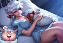 1girl 1other ai_generated alisaie_leveilleur bed birthing blue_eyes dark_skin dialogue female final_fantasy_xiv hospital hospital_bed hospital_gown light-skinned_female milf mommy newborn self_upload selvokaz speech_bubble tagme white_hair