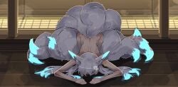cyan_fur cyan_tail fox fox_ears fox_girl fox_tail fully_nude hair_ornament miya_kitashima multi_tail naked naked_female prostrating prostration shuuko white_fur white_hair
