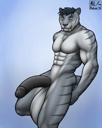 2015 abs anthro aolun balls biceps big_balls big_penis black_penis blue_fur blue_hair fangs feline fur furry furry_only grey_fur hair half-erect humanoid_penis hyper hyper_penis looking_at_viewer male male_only mammal markings muscular nude pecs penis saber-toothed_cat solo stripes yellow_eyes