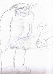 balls belly bigbadbear dialogue duo feet foreskin genitals graphite_(artwork) hair heart_symbol hi_res human human_on_humanoid human_prey humanoid humanoid_pred imminent_cock_vore imminent_vore interspecies male male/male mammal navel nude nude_humanoid nude_pred ogre one_eye_closed open_mouth penis simple_background size_difference smile speech_bubble teeth traditional_media_(artwork) vore white_background wink winking_at_another