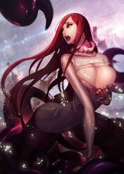 breasts cleavage cleavage_cutout duto eye_scar facial_scar female katarina_du_couteau large_breasts league_of_legends long_hair open_mouth red_hair scar sweater turtleneck