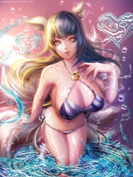 ahri animal_ears bikini breasts cleavage female fur furry_tail humanoid large_breasts league_of_legends long_hair multiple_tails sangrde solo standing tail wet yellow_eyes