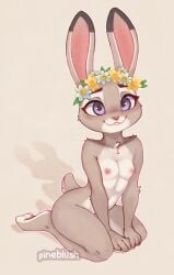 anthro areola blush breasts buckteeth digital_media_(artwork) disney feet female fingers flower flower_crown fur furry grey_body grey_fur judy_hopps lagomorph leporid looking_at_viewer mammal navel nipples nude pineblush plant purple_eyes rabbit simple_background sitting smile solo tail teeth toes zootopia