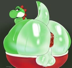2025 anthro anus ass backsack balls big_butt bodily_fluids clothing english_description genitals green_yoshi half-closed_eyes heart_eyes heart_symbol hi_res legwear looking_back makeup male mario_(series) mario_bros mascara narrowed_eyes nintendo perineum puffy_anus raised_tail rear_view red_anus red_clothing red_legwear red_stockings running_makeup running_mascara simple_background solo stockings sweat sweaty_butt tail yoshi zeraniumz