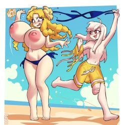 1futa 1girls beach bikini blonde_hair blush borvar breasts drill_hair duo fate/hollow_ataraxia fate/stay_night fate_(series) female flat_chest futa_on_female futa_with_female futanari huge_breasts huge_cock illyasviel_von_einzbern intersex light-skinned_female light-skinned_futanari light_skin luviagelita_edelfelt mens_swimsuit_challenge penis red_eyes topless white_hair