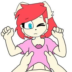 ? animation_meme_community blue_eyes cat_humanoid cub cum_on_face female furry innocent_expression kitty_channel_afnan lina_(kitty_channel_afnan) male male/female one_eye_closed penis_in_clothes red_hair
