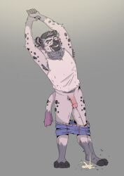 2025 anthro arm_tuft armpit_hair balls belly_hair bodily_fluids body_hair bottomwear bottomwear_down chest_hair clothed clothing dripping ear_piercing elbow_tuft feet flaccid genital_fluids genitals glassesdumpster grey_background grey_hair grin hair hi_res hyena looking_aside male mammal partially_clothed peeing peeing_on_ground penis piercing pubes purple_hair shirt shorts shorts_down simple_background smile solo standing stretching tank_top topwear tuft urine urine_on_ground urine_splatter urine_stream white_clothing white_shirt white_tank_top white_topwear