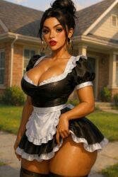 ai_generated big_ass big_breasts bimbo black_hair brown_eyes brown_skin cleavage french_maid golden_earrings hair_bun hairbun hispanic hispanic_female home hoop_earrings house latina latina_female lipstick long_hair maid maid_apron maid_outfit maid_uniform mestiza mexican_female oc original_character red_lipstick spanish tan_skin tanned tied_hair tights wide_hips window