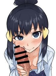 1boy :q alternate_hairstyle bar_censor black_hair blue_eyes blush breasts censored commentary_request dawn_(pokemon) female female_pervert highres looking_at_viewer male penis penis_grab penis_on_face pervert pokemon pokemon_dppt ponytail simple_background small_breasts smile steam tongue tongue_out vanishingknife white_background