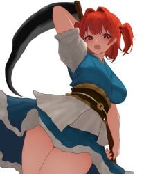 big_breasts blue_dress bracelet breasts closed_mouth color dress female female_focus female_only hair_bobbles hair_ornament half-closed_eyes highres jewelry komachi_onozuka large_breasts looking_at_viewer moriforest1040 onozuka_komachi red_eyes red_hair sash scythe smile solo standing tied_hair touhou