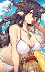 bandage bikini blush_stickers breast_press breasts censored cloud danua_(granblue_fantasy) fellatio female granblue_fantasy gretel_(granblue_fantasy) hidebuu horns large_breasts looking_at_viewer mosaic_censoring oral penis pointy_ears red_eyes sky solo_focus swimsuit tongue tongue_out white_bikini white_swimsuit