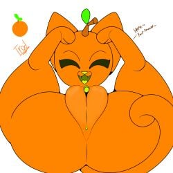 absurd_res alpog21_(artist) ass big_butt big_pussy closed_eyes curling_tail domestic_cat eyebrows felid feline felis female feral food fruit genitals green_mouth happy hi_res leaf lying mammal open_mouth orange_body orange_ears orange_legs orange_paws plant plump_labia presenting presenting_pussy pussy solo tail talking_to_viewer thick_thighs trod