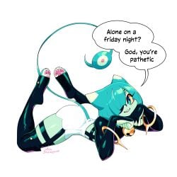 blue_eyes blue_hair cat_bell cat_humanoid catboy eye_covering_bang femboy femboy_focus femboy_only feminine_male furry furry_male furry_only insulting_viewer kittbetelgeuse looking_at_viewer lying_on_stomach pretty_boy talking_to_viewer thigh_highs thighhighs toe_beans velo_(kittbetelgeuse)