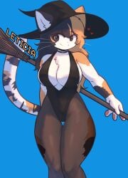 1girls breasts broom calico_cat calico_pattern cat_ears cat_tail catgirl feline female female_only fur furry furry_female furry_only furryjuana leotard looking_at_viewer medium_breasts smile smiling_at_viewer solo solo_female solo_focus stockings thick_thighs thighs witch witch_hat