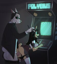 2025 agent anthro arcade_machine ass bottomwear bottomwear_down breasts cadaverrdog canid canine canis clothed clothed_sex clothing digital_media_(artwork) dobermann domestic_dog dominant dominant_anthro dominant_male duo eyewear female female_penetrated gaming genitals hand_on_head happy happy_trance hi_res hypnosis legwear male male/female male_dominating_female male_penetrating male_penetrating_female mammal mind_control panties panties_down pants pants_down partially_clothed penetration penile penile_penetration penis penis_in_pussy pinscher polybius sex skirt smile spiral spiral_eyes spiral_screen submissive submissive_anthro submissive_female sunglasses tail thigh_highs tongue tongue_out underwear underwear_down vaginal_penetration vaginal_penetration